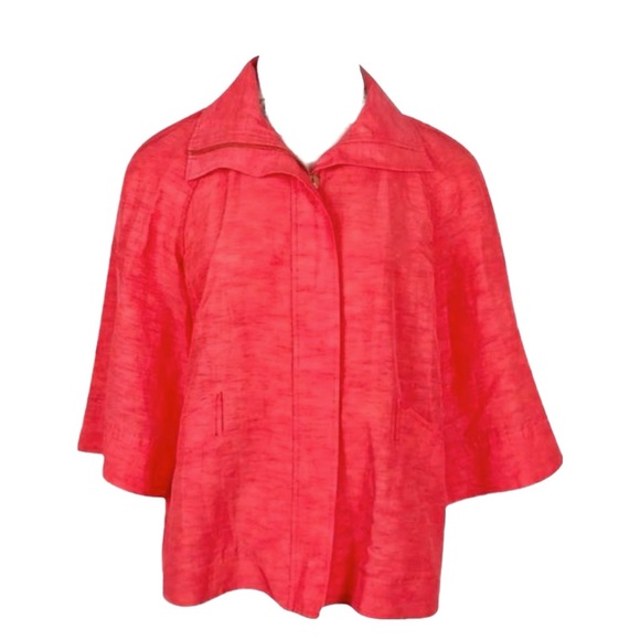 🌻Lafayette 148 NY Linen Cupro Jacket Red Zip Up Mid Length 3/4 Sleeves Roomy 12 - Picture 2 of 7